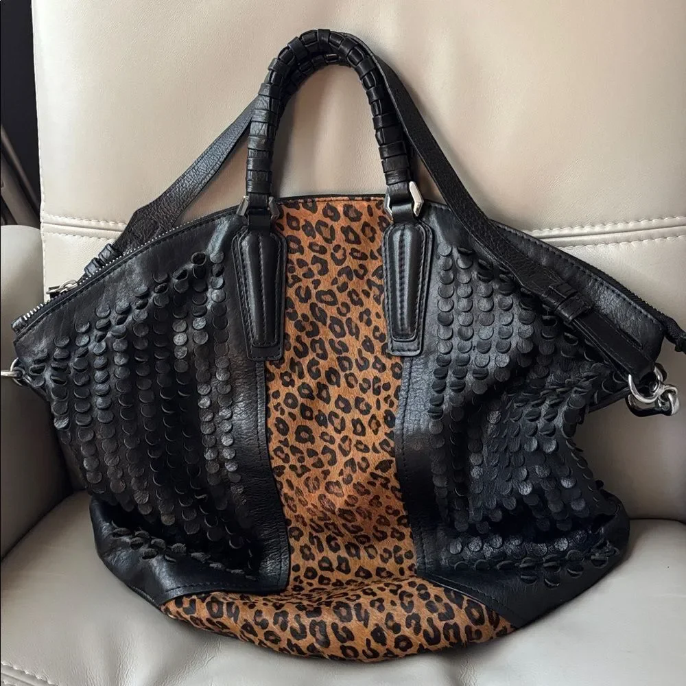 OrYANY Black Textured and Leopard Calf Hair Bag